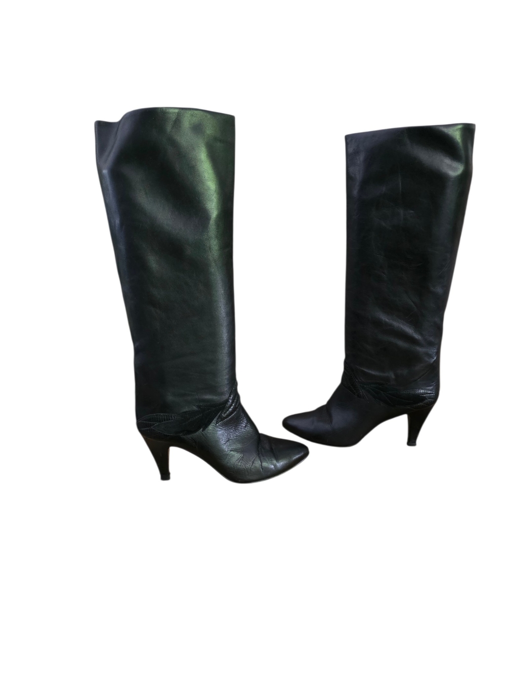 Vintage Gloria Vanderbilt Black Leather Knee-High Stiletto Boots 7 - Picture 2 of 6